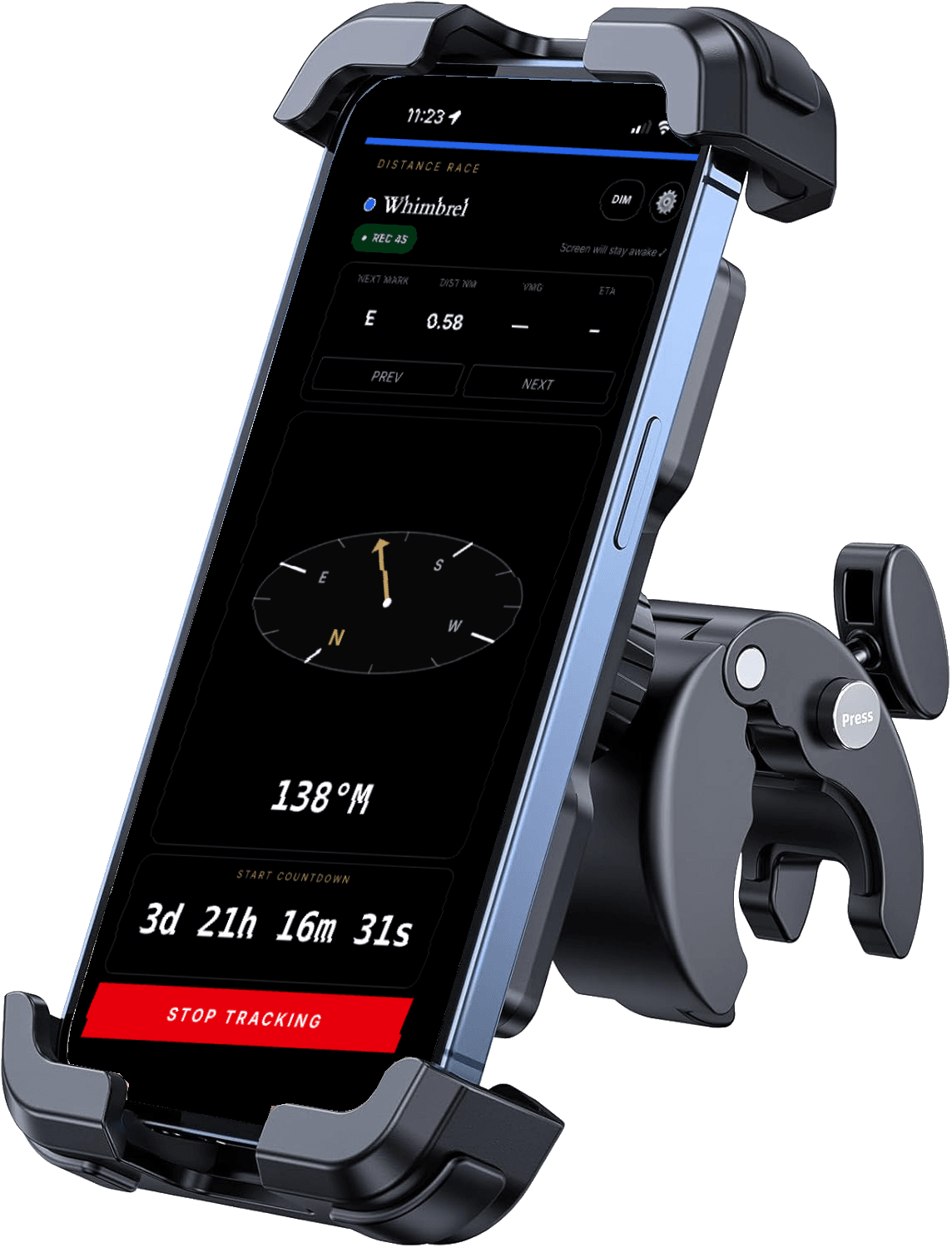A phone in a screw-clamp rail mount for race tracking