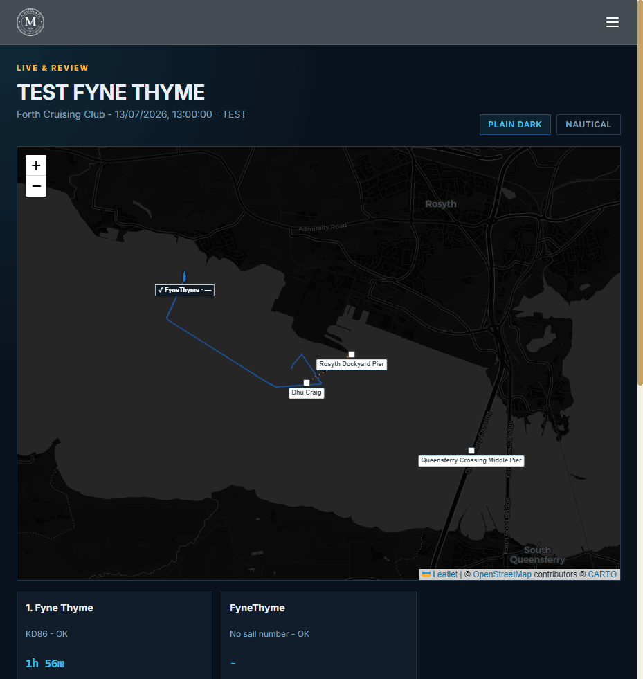 Mylne Racing public Live & Review map showing a finished race with boat tracks and standings